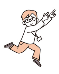 ジャンプしながら、ななめ上を指さす若い男性のイラスト素材