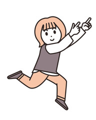ジャンプしながら、ななめ上を指さす若い女性のイラスト素材