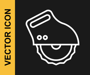 White line Electric circular saw with steel toothed disc icon isolated on black background. Electric hand tool for cutting wood or metal. Vector