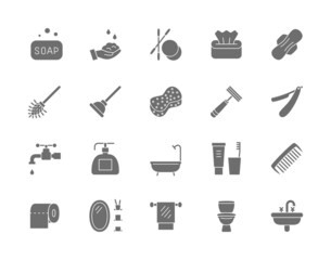 Set of Hygiene Grey Icons. Bathtub, Bath Sponge, Tampon, Toilet Plunger and more