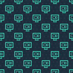 Naklejka premium Green line Video chat conference icon isolated seamless pattern on blue background. Online meeting work form home. Remote project management. Vector