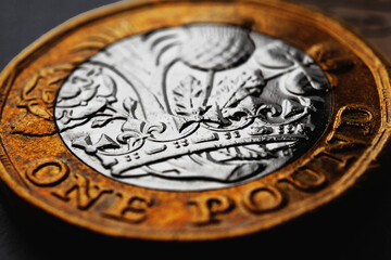 British money. 1 pound sterling coin close up. Focus on the crown. Economy and banking in England. Dark illustration. Macro