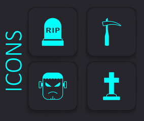 Set Tombstone with cross, RIP written, Scythe and Frankenstein face icon. Black square button. Vector