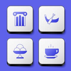 Set Ancient column, Gondola boat, Ice cream in the bowl and Coffee cup icon. White square button. Vector