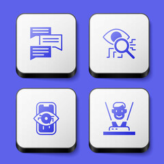 Set Speech bubble chat, Eye scan, Computer vision and Hologram icon. White square button. Vector
