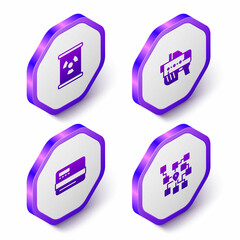 Set Isometric Radioactive waste in barrel, Futuristic weapon, Credit card and Neural network icon. Purple hexagon button. Vector