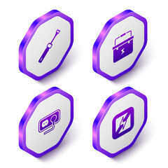 Set Isometric Screwdriver, Toolbox electrician, Electrical outlet and No lightning icon. Purple hexagon button. Vector