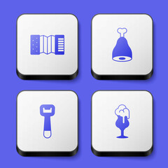 Set Accordion, Chicken leg, Bottle opener and Glass of beer icon. White square button. Vector