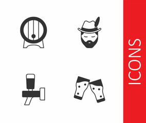Set Glass of beer, Wooden barrel on rack, Beer tap and Oktoberfest man icon. Vector