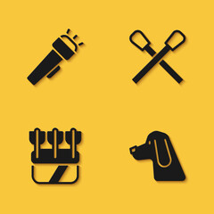 Set Flashlight, Hunting dog, Quiver with arrows and Burning match fire icon with long shadow. Vector