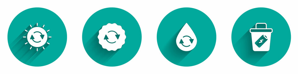 Set Solar energy panel, Recycle symbol, clean aqua and Trash can icon with long shadow. Vector