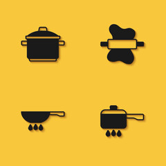 Set Cooking pot, on fire, Frying pan and Rolling pin dough icon with long shadow. Vector