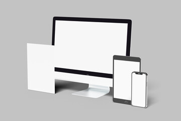 Mockup of Realistic Computer, Monitor, Laptop, Tablet and smartphone with blank screen Isolated on white background. Set of Device Mockup Separate Groups and Layers. Easily Editable 