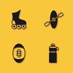 Set Roller skate, Fitness shaker, American Football ball and Kayak and paddle icon with long shadow. Vector