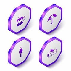 Set Isometric Cup of tea, Umbrella, Opium poppy and Wooden log icon. Purple hexagon button. Vector