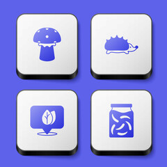 Set Mushroom, Hedgehog, Location with leaf and Pickled cucumbers in jar icon. White square button. Vector