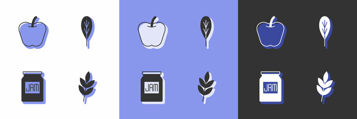 Set Leaf, Apple, Jam jar and icon. Vector