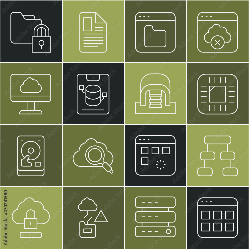 Poster set line browser files, hierarchy organogram chart, processor with cpu, server, data, web hosting, c