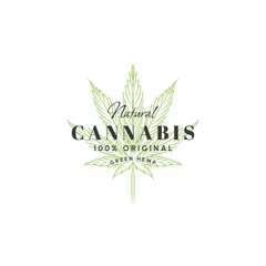 Natural Cannabis 100% Original Green Hemp Abstract Vector Sign, Symbol or Logo Template. Hand Drawn with Retro Typography. Vintage Luxury Medicine Herb Emblem. Isolated on white background.