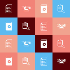 Set pop art Online quiz, test, survey, Web camera, Audio book and icon. Vector