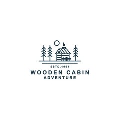 Minimalist line art wooden cabin in the forest with moon and fence good for cabin rental logo or sticker vector illustration design