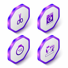Set Isometric Scissors, Washer, Round adjustable embroidery hoop and Sewing machine icon. Purple hexagon button. Vector