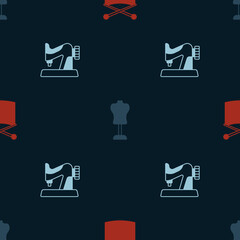Set Knitting needles, Mannequin and Sewing machine on seamless pattern. Vector