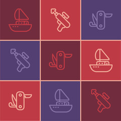 Set line Yacht sailboat, Swiss army knife and Fishing harpoon icon. Vector