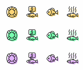 Set line Fish, Lifebuoy, Price tag for fish and Dead icon. Vector