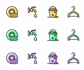 Set line Bucket with foam and bubbles, Washing dishes, Water tap and Hanger wardrobe icon. Vector