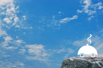 Fototapeta na wymiar Restaurant cloche flat icon on rock mountain over blue sky with white clouds, Business food delivery online service concept