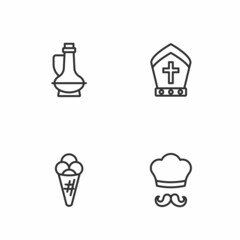 Set line Italian cook, Ice cream in waffle, Bottle of olive oil and Pope hat icon. Vector
