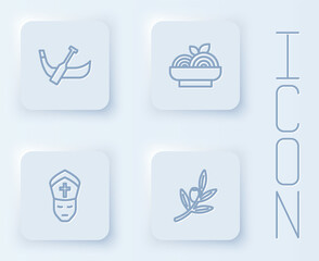 Set line Gondola boat, Pasta spaghetti, Pope and Olives branch. White square button. Vector