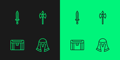 Set line Medieval helmet, Antique treasure chest, sword and axe icon. Vector