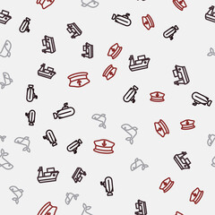Set line Submarine, Cargo ship, Whale and Captain hat on seamless pattern. Vector