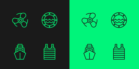 Set line Striped sailor t-shirt, Yacht sailboat, Boat propeller and Ship porthole icon. Vector