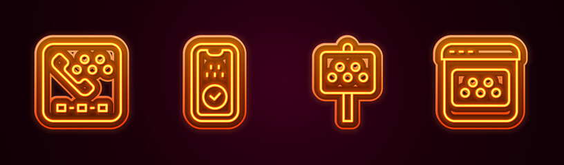 Set line Taxi call telephone service, mobile app, Road sign for taxi stand and . Glowing neon icon. Vector