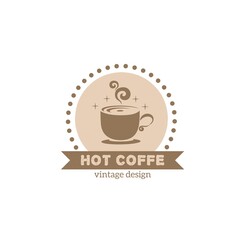 hot coffee vintage logo design, vector icon drink label or coffee shop brand