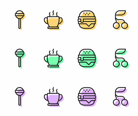 Set line Burger, Lollipop, Bowl of hot soup and Fresh berries icon. Vector