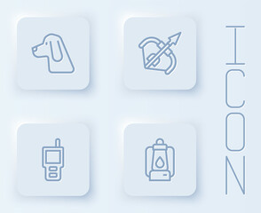 Set line Hunting dog, Medieval bow and arrow, Walkie talkie and Camping lantern. White square button. Vector