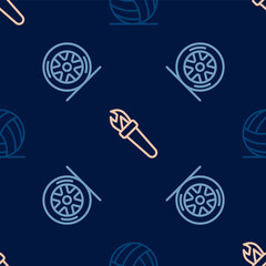Set line Volleyball ball, Car wheel and Torch flame on seamless pattern. Vector