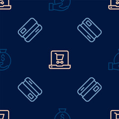 Set line Money bag, Credit card and Shopping cart screen laptop on seamless pattern. Vector