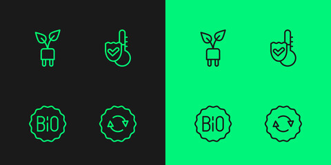 Set line Recycle symbol, Banner for bio, Electric saving plug in leaf and Thermometer icon. Vector