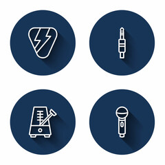 Set line Guitar pick, Audio jack, Metronome with pendulum and Microphone with long shadow. Blue circle button. Vector