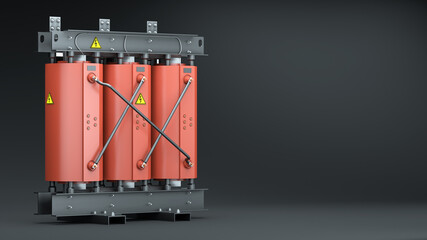 Power transformer for electric power industry on a dark background. Dry type medium voltage power transformer (cast resin). 3d render - obrazy, fototapety, plakaty