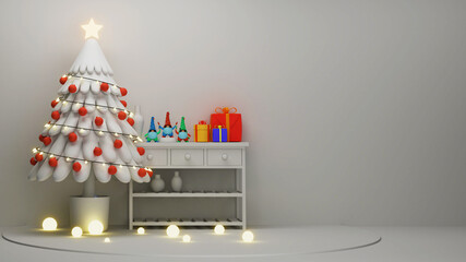 3D Decorative Christmas Tree With Cartoon Gnomes, Gift Boxes Over Drawer Table And Light Balls On Gray Background.