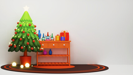 3D Decorative Christmas Tree With Cartoon Gnomes, Gift Boxes Over Drawer Table And Light Balls On Brown Carpet.
