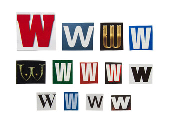 Alphabet letter W cutting from magazine paper. Newspaper clippings with letter W isolated on white background. Anonymous text concept.