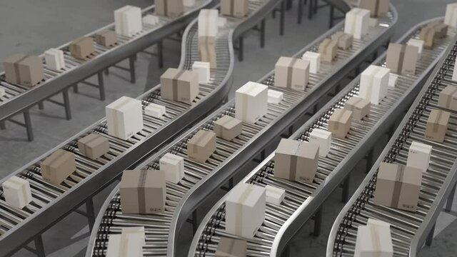 Conveyor with many cardboard boxes. Package delivery concept. 3D rendered looping animation.