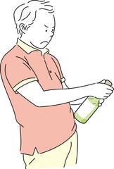 ワインボトルの栓を抜こうとして怖い顔をする若い男性